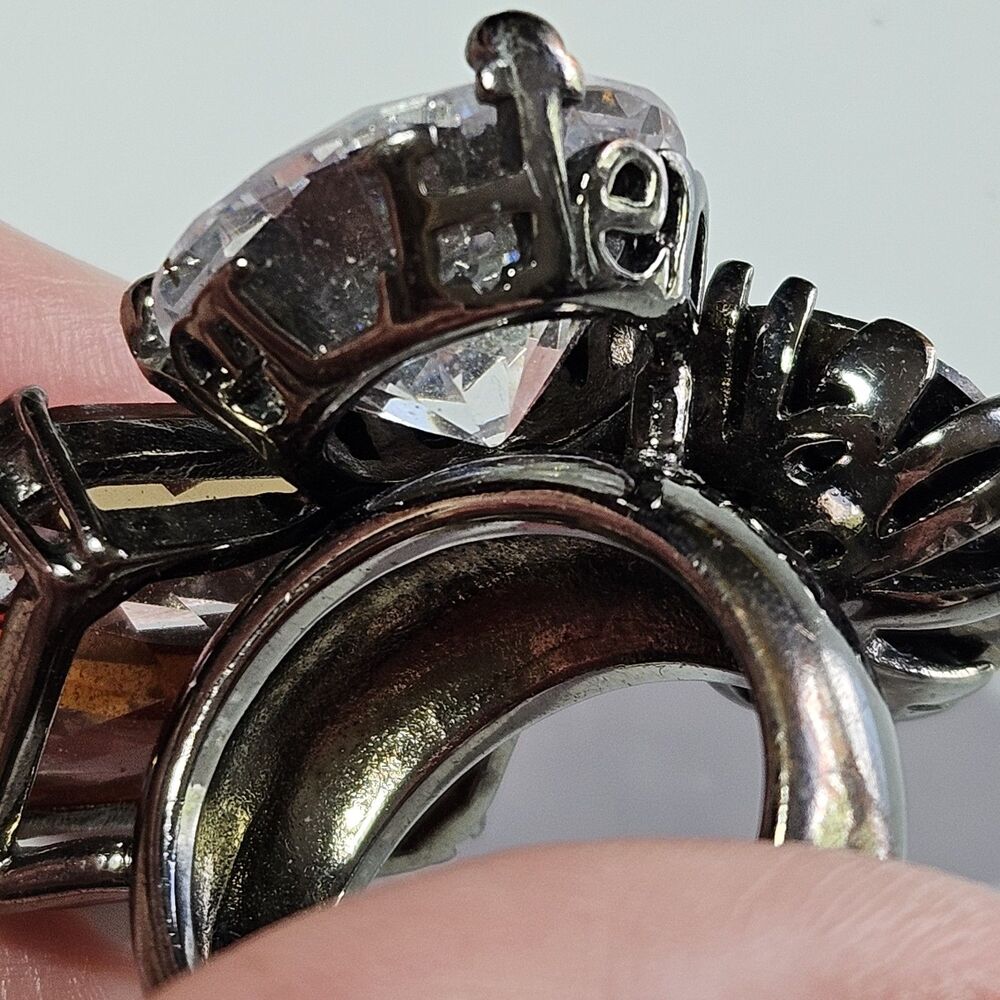 Henri Bendel Triple Crystal Cocktail Statement Bling Ring Size 7 - Picture 9 of 14